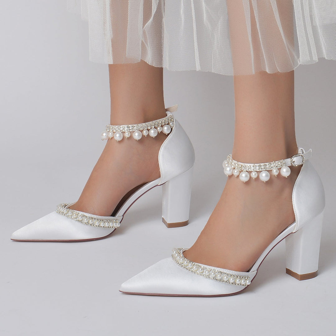 Chaussures de Mariée à Talon Bloc et Bout Pointu avec Strass et Perles pour Femmes