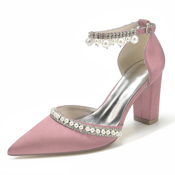 Chaussures de Mariée à Talon Bloc et Bout Pointu avec Strass et Perles pour Femmes