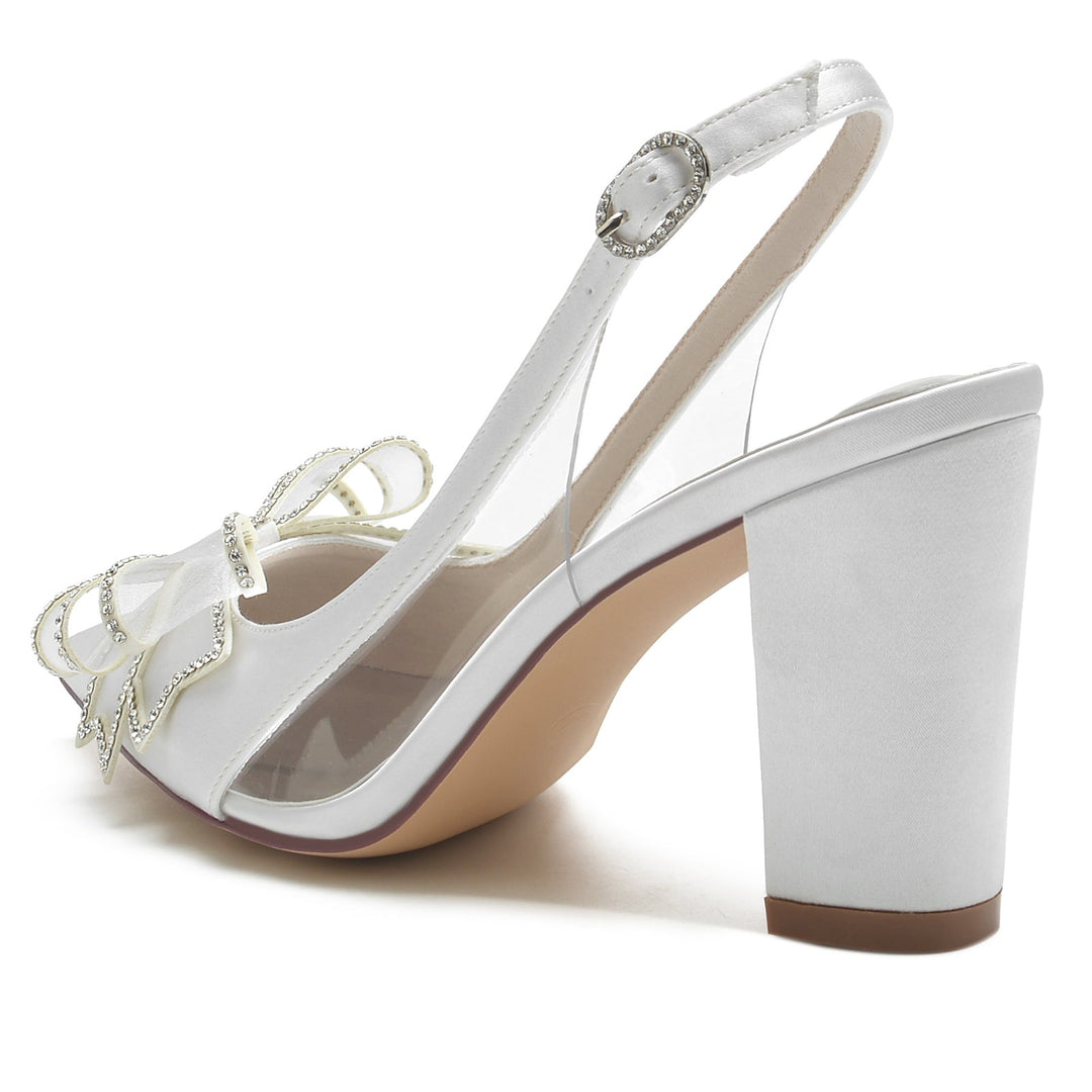 Chaussures de Mariage pour Femmes en Satin de Soie, Talon Bloc, Nœud, Bout Pointu, Boucle, Chaussures de Mariée