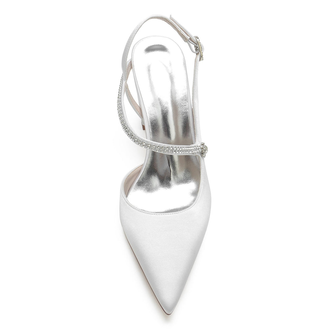 Chaussures de Mariage pour Femmes en Satin de Soie et Cristal, Talon Bloc, Bout Pointu, Boucle, Chaussures de Mariée