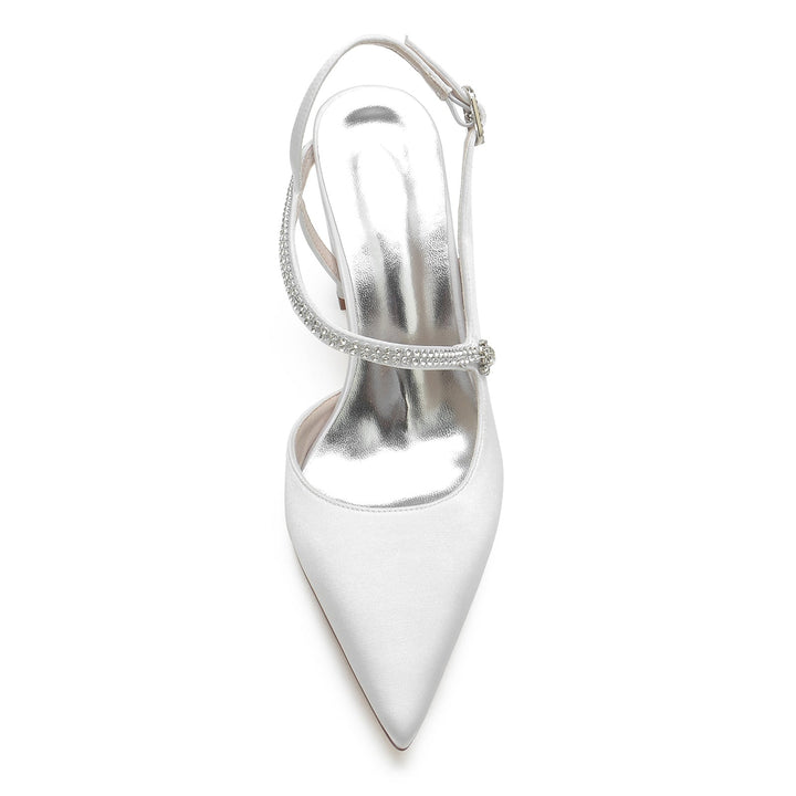 Chaussures de Mariage pour Femmes en Satin de Soie et Cristal, Talon Bloc, Bout Pointu, Boucle, Chaussures de Mariée