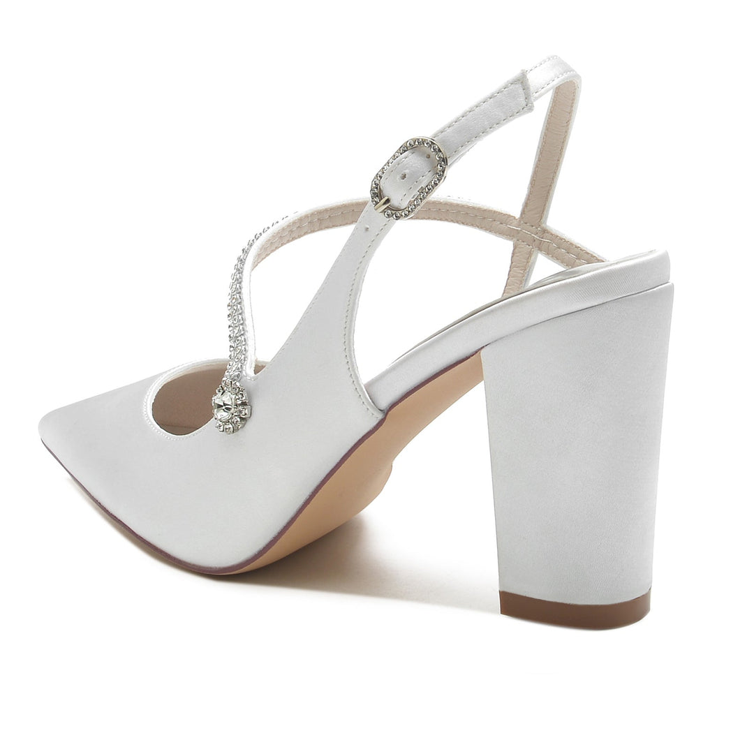 Chaussures de Mariage pour Femmes en Satin de Soie et Cristal, Talon Bloc, Bout Pointu, Boucle, Chaussures de Mariée