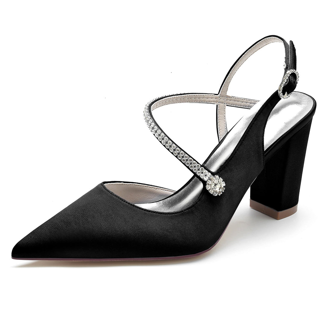 Chaussures de Mariage pour Femmes en Satin de Soie et Cristal, Talon Bloc, Bout Pointu, Boucle, Chaussures de Mariée