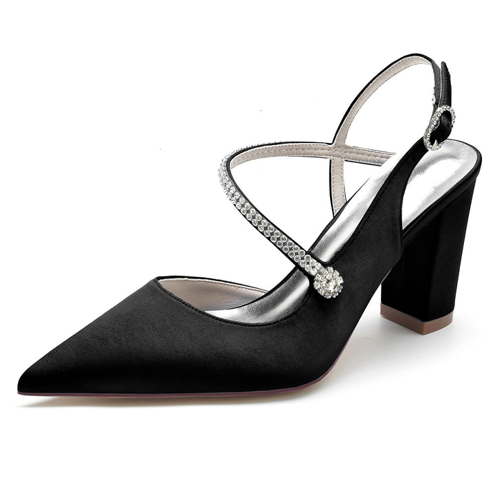 Chaussures de Mariage pour Femmes en Satin de Soie et Cristal, Talon Bloc, Bout Pointu, Boucle, Chaussures de Mariée