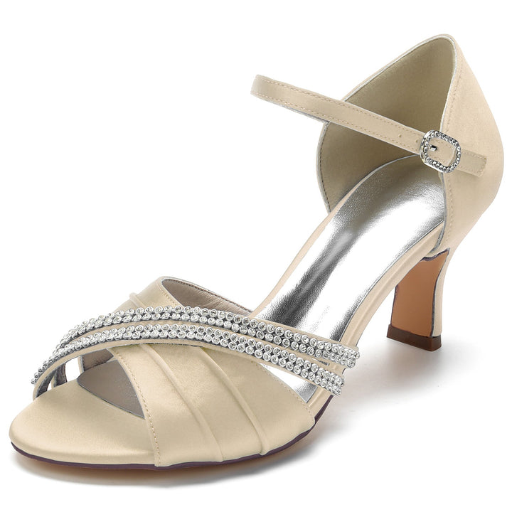 Chaussures de Mariage pour Femmes, Chaussures de Mariée Rondes à Lanières en Cristal, Bout Ouvert, Talon Moyen