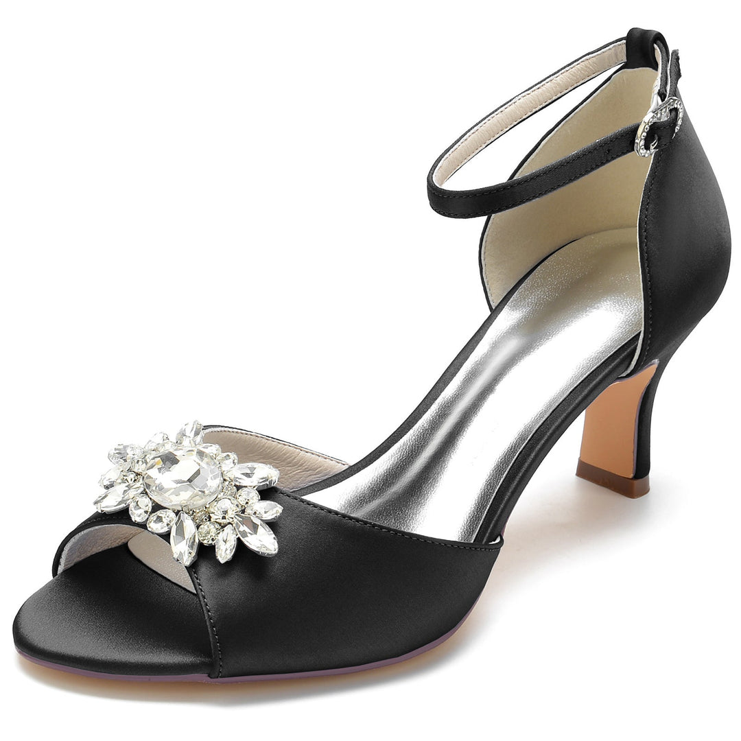 Chaussures de Mariage pour Femmes, Chaussures de Mariée Noires à Bout Ouvert et à Boucle avec Strass