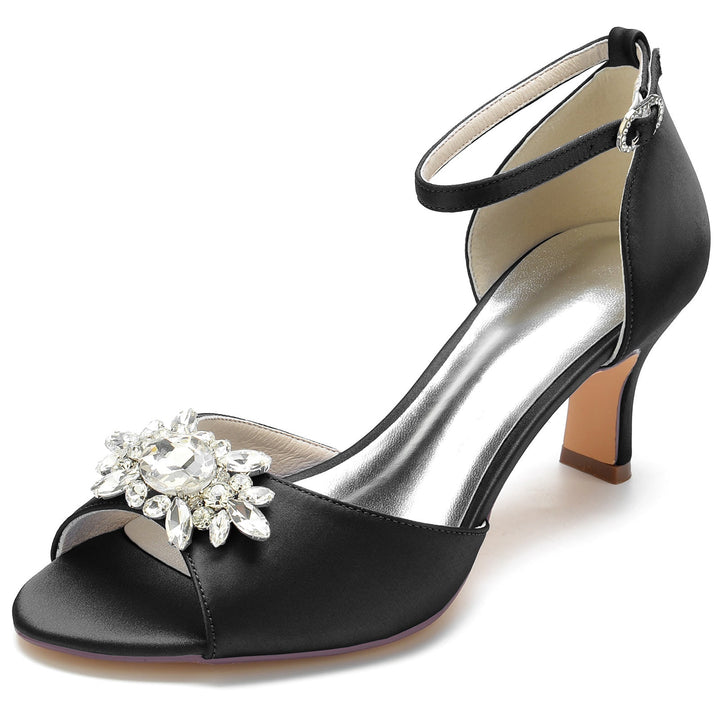 Chaussures de Mariage pour Femmes, Chaussures de Mariée Noires à Bout Ouvert et à Boucle avec Strass
