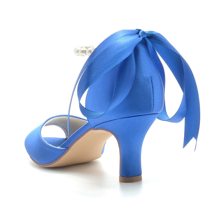 Chaussures de Mariage pour Femmes à Bout Ouvert et Talon Mi-Haut avec Perles