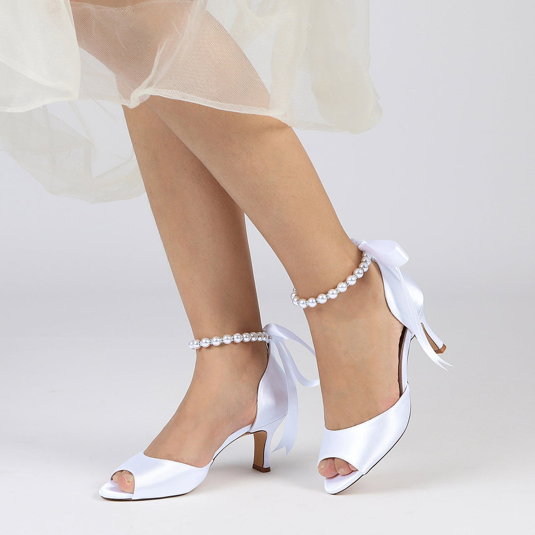 Chaussures de Mariage pour Femmes à Bout Ouvert et Talon Mi-Haut avec Perles