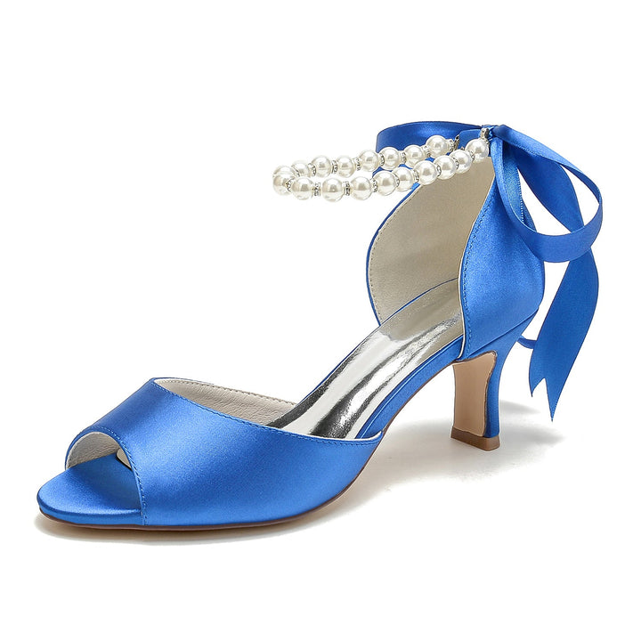 Chaussures de Mariage pour Femmes à Bout Ouvert et Talon Mi-Haut avec Perles