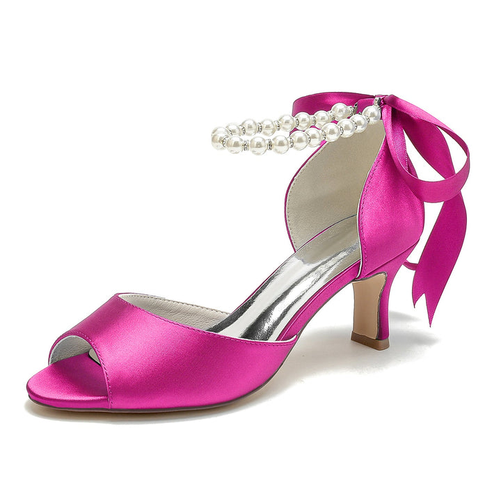 Chaussures de Mariage pour Femmes à Bout Ouvert et Talon Mi-Haut avec Perles