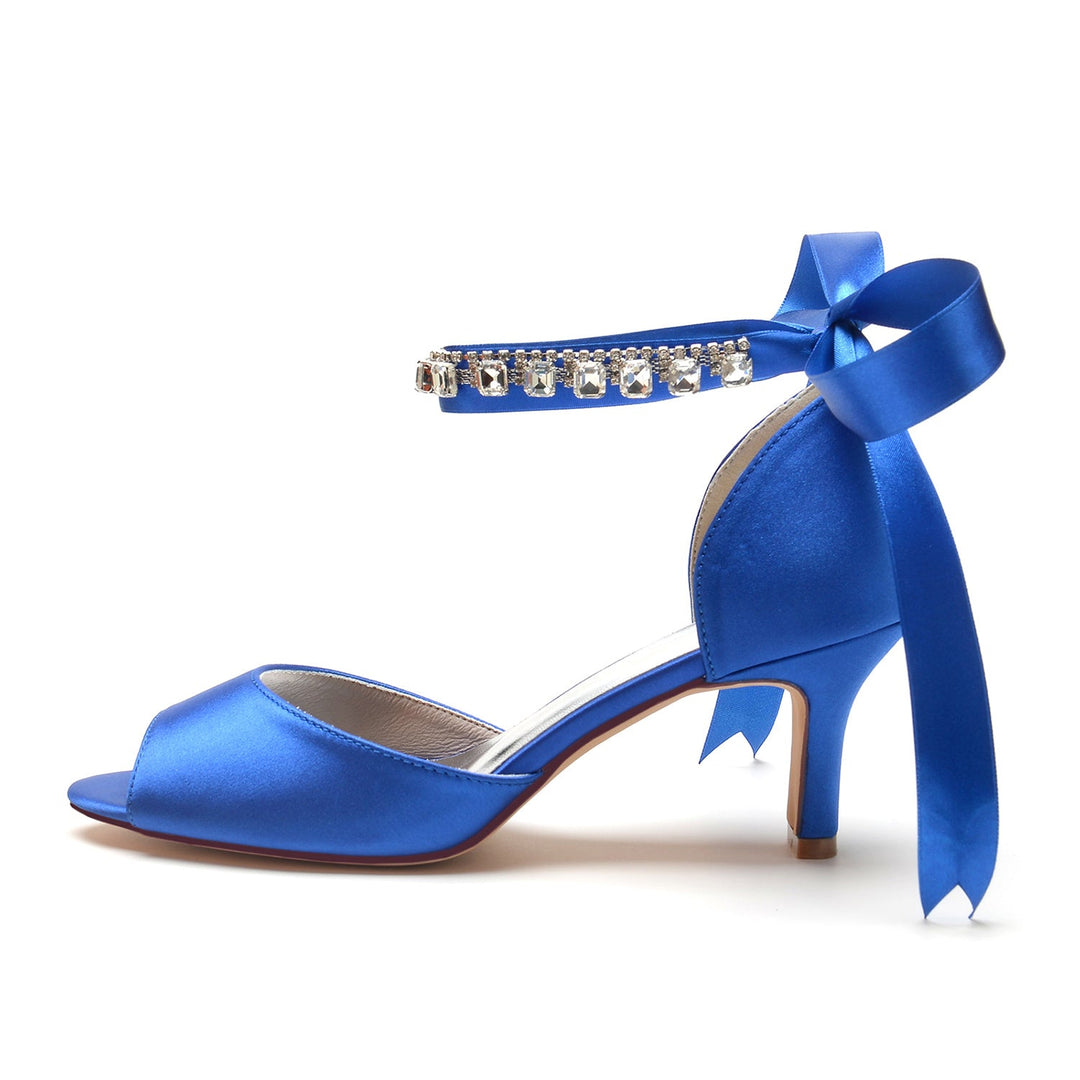 Chaussures de Mariage pour Femmes à Bout Ouvert et Talon Moyen avec Boucle et Nœud en Strass