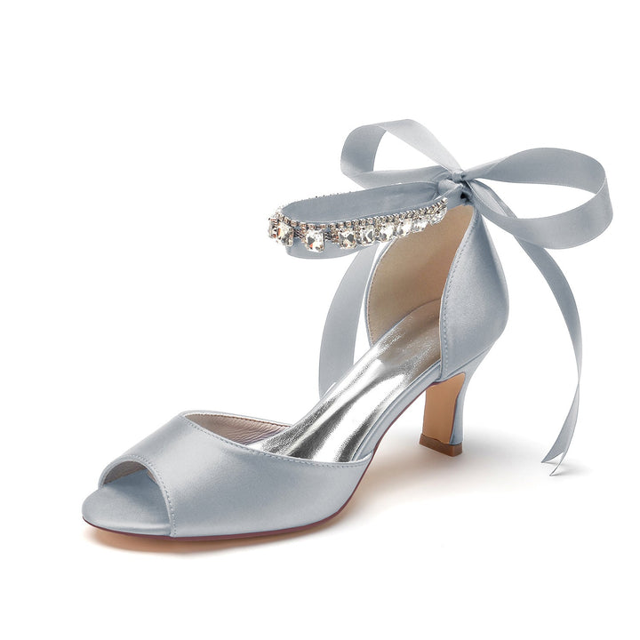 Chaussures de Mariage pour Femmes à Bout Ouvert et Talon Moyen avec Boucle et Nœud en Strass