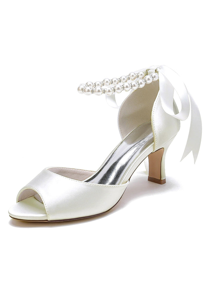 Chaussures de Mariée à Talon Moyen et Bout Ouvert pour Femmes avec Perles