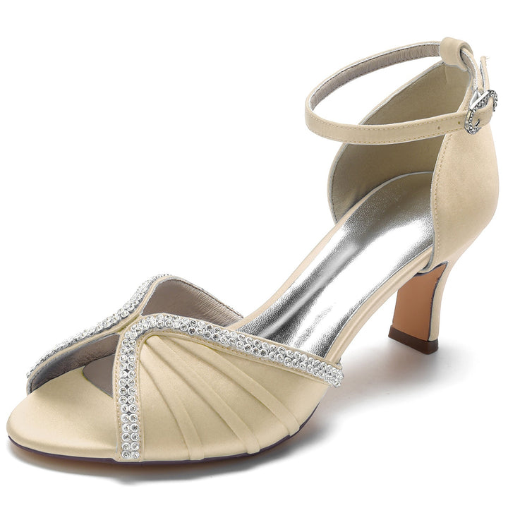 Chaussures de Mariage pour Femmes en Satin de Soie et Cristal, Bout Ouvert, Talon Moyen, Boucle, Chaussures de Mariée