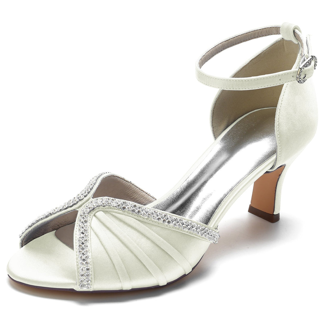 Chaussures de Mariage pour Femmes en Satin de Soie et Cristal, Bout Ouvert, Talon Moyen, Boucle, Chaussures de Mariée