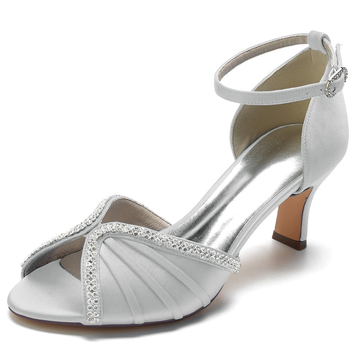 Chaussures de Mariage pour Femmes en Satin de Soie et Cristal, Bout Ouvert, Talon Moyen, Boucle, Chaussures de Mariée