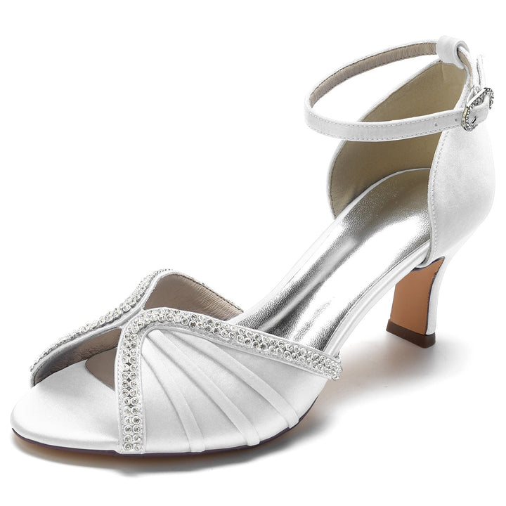 Chaussures de Mariage pour Femmes en Satin de Soie et Cristal, Bout Ouvert, Talon Moyen, Boucle, Chaussures de Mariée
