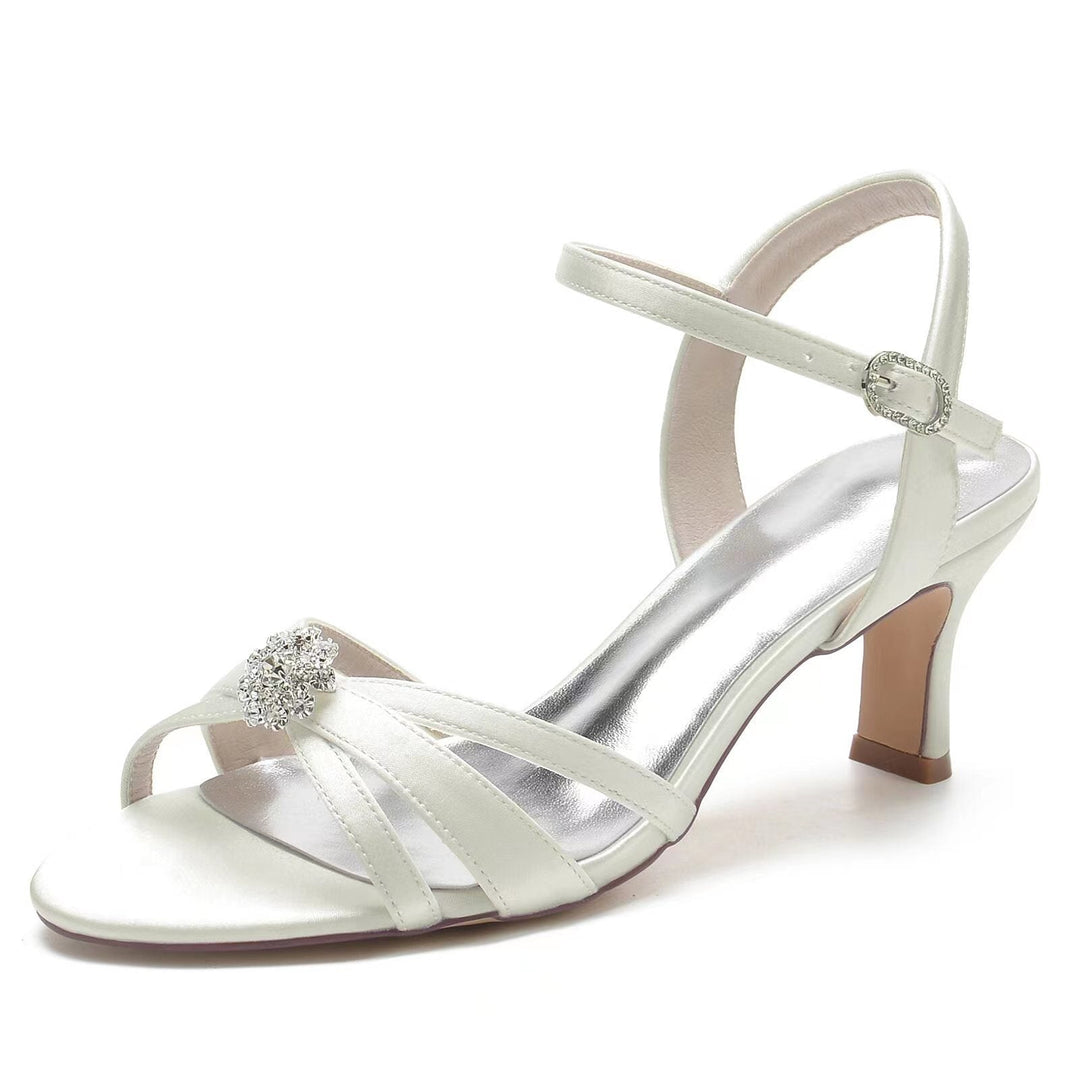 Chaussures de Mariage pour Femmes en Satin de Soie avec Strass et Fleurs, Bout Ouvert, Boucle Moyenne, Chaussures de Mariée