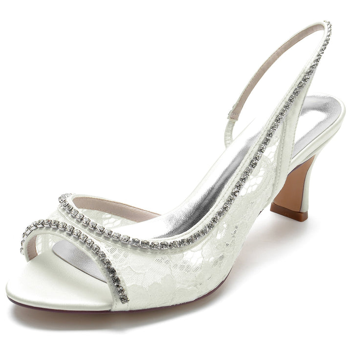 Chaussures de Mariage pour Femmes en Satin de Soie Noir avec Dentelle et Cristal Chaussures de Mariée à Bout Ouvert