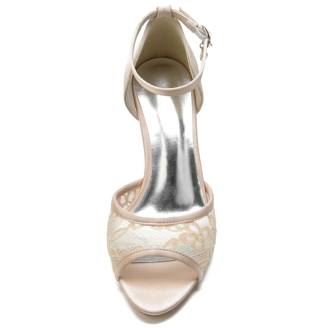 Chaussures de Mariage pour Femmes en Dentelle Strass Talon Moyen Peep Toe Boucle Chaussures de Mariée