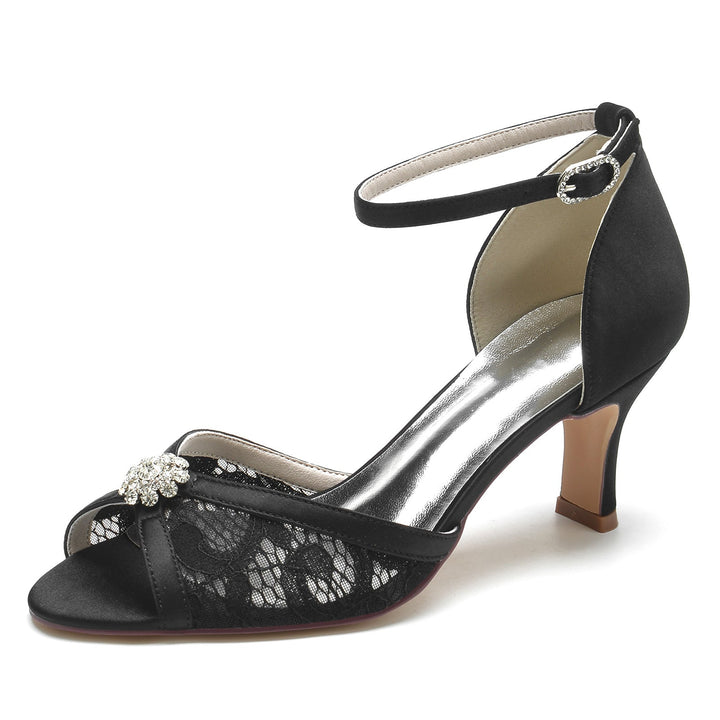 Chaussures de Mariage pour Femmes en Dentelle avec Strass et Fleurs, Chaussures de Mariée à Bout Ouvert et Boucle