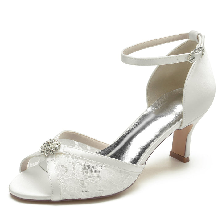 Chaussures de Mariage pour Femmes en Dentelle avec Strass et Fleurs, Chaussures de Mariée à Bout Ouvert et Boucle