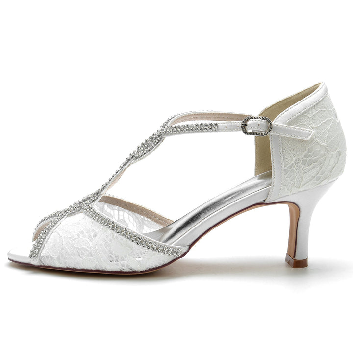 Chaussures de Mariage pour Femmes en Dentelle avec Mini Lanières en Cristal et Bout Ouvert et Boucle