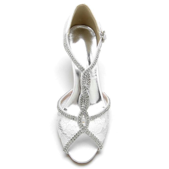Chaussures de Mariage pour Femmes en Dentelle avec Mini Lanières en Cristal et Bout Ouvert et Boucle