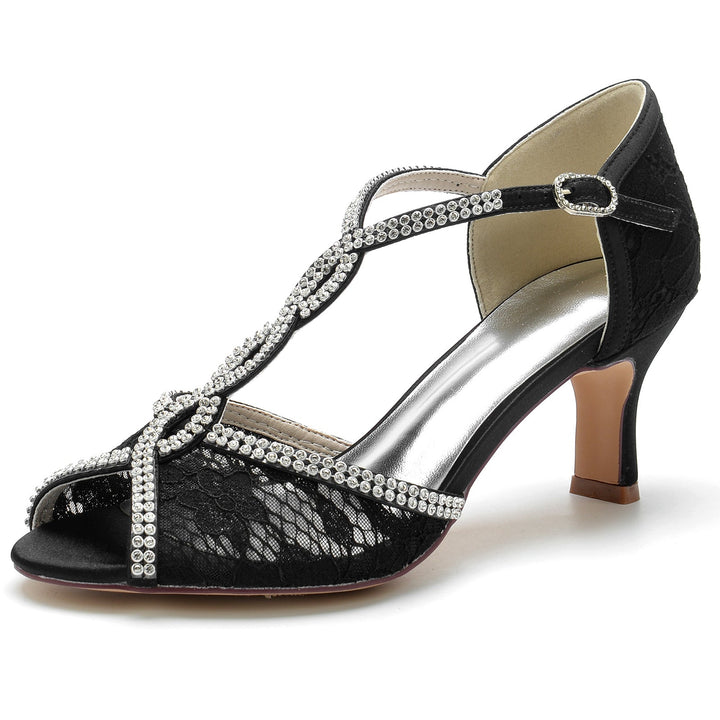Chaussures de Mariage pour Femmes en Dentelle avec Mini Lanières en Cristal et Bout Ouvert et Boucle