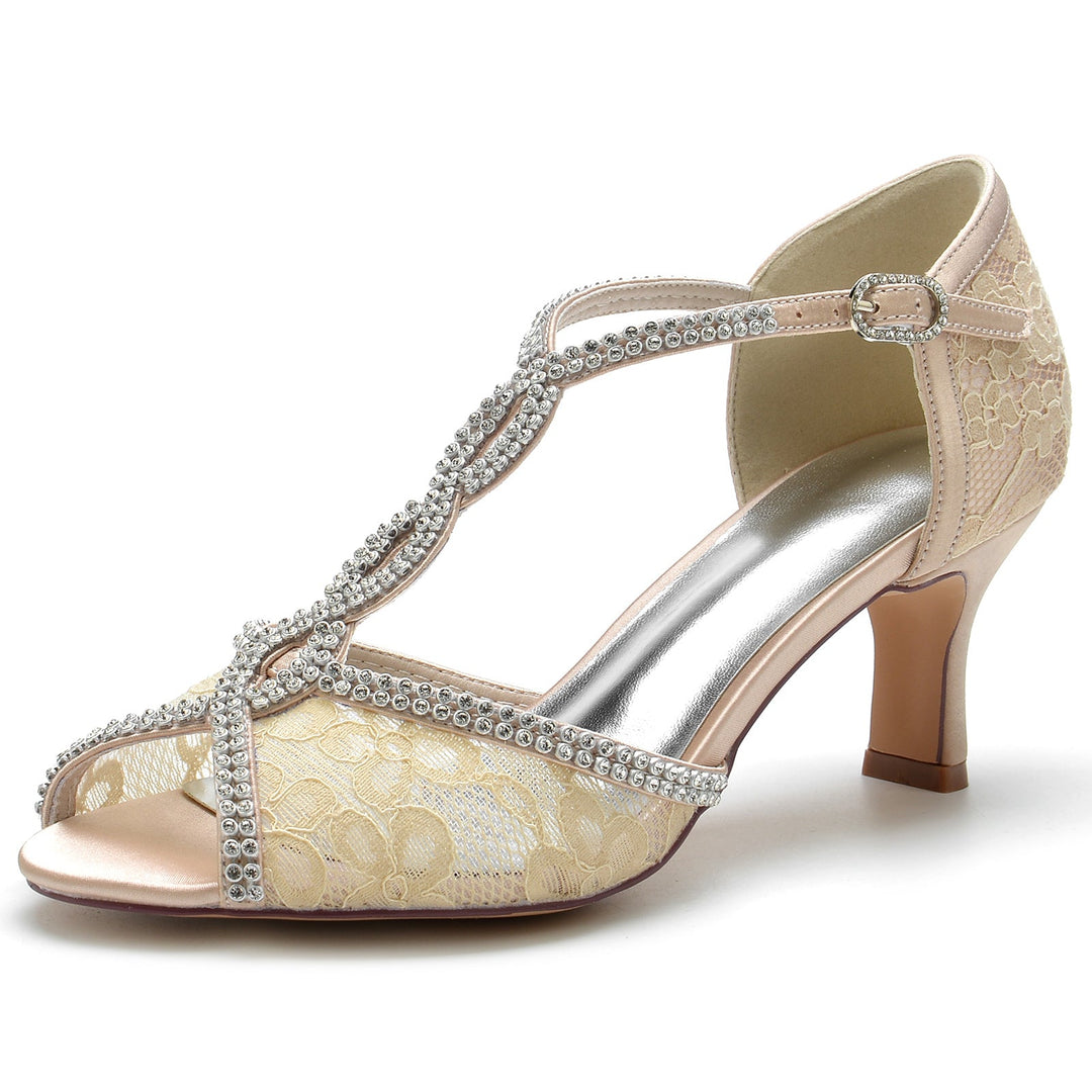 Chaussures de Mariage pour Femmes en Dentelle avec Mini Lanières en Cristal et Bout Ouvert et Boucle