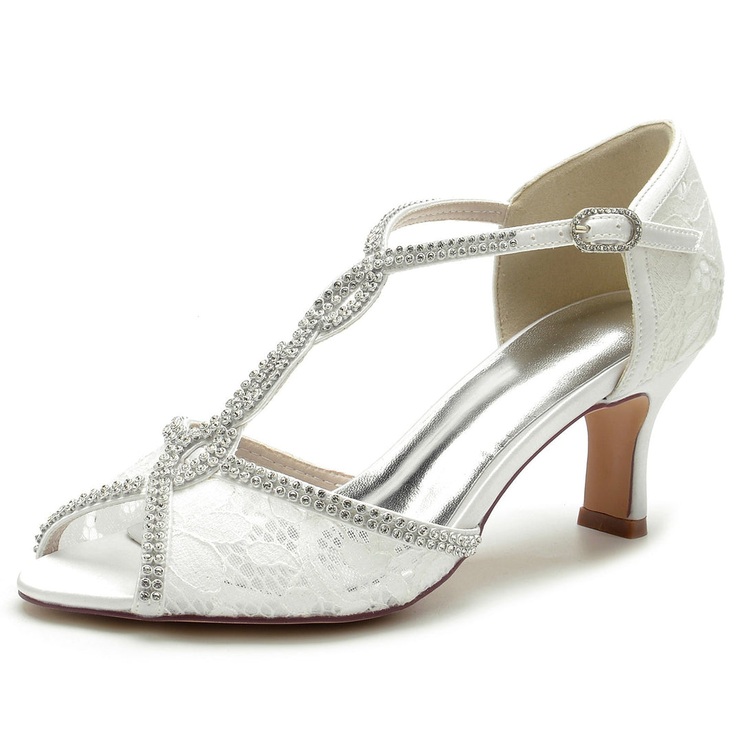 Chaussures de Mariage pour Femmes en Dentelle avec Mini Lanières en Cristal et Bout Ouvert et Boucle