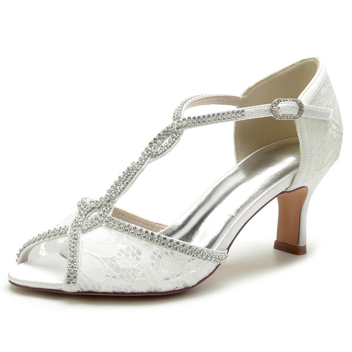 Chaussures de Mariage pour Femmes en Dentelle avec Mini Lanières en Cristal et Bout Ouvert et Boucle