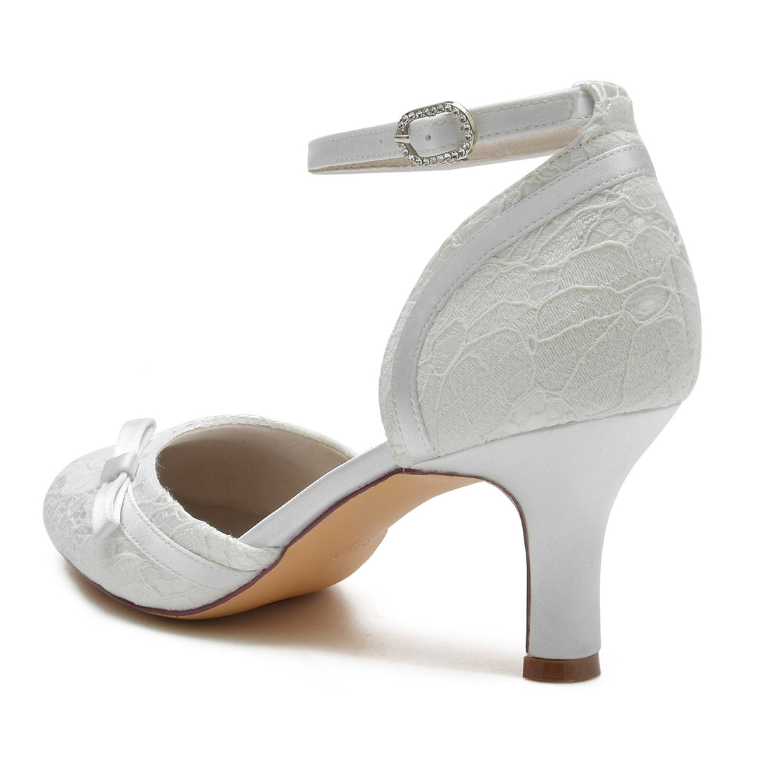 Chaussures de Mariage pour Femmes avec Appliques en Dentelle et Nœud, Talon Moyen, Bout Rond, Boucle, Chaussures de Mariée