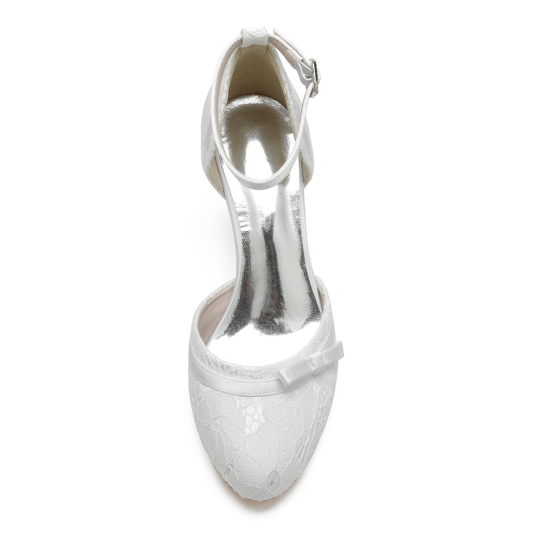 Chaussures de Mariage pour Femmes avec Appliques en Dentelle et Nœud, Talon Moyen, Bout Rond, Boucle, Chaussures de Mariée