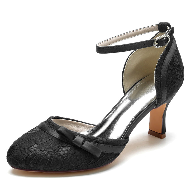 Chaussures de Mariage pour Femmes avec Appliques en Dentelle et Nœud, Talon Moyen, Bout Rond, Boucle, Chaussures de Mariée