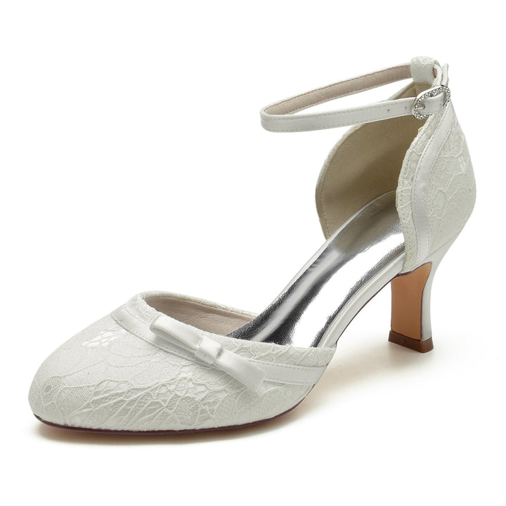 Chaussures de Mariage pour Femmes avec Appliques en Dentelle et Nœud, Talon Moyen, Bout Rond, Boucle, Chaussures de Mariée
