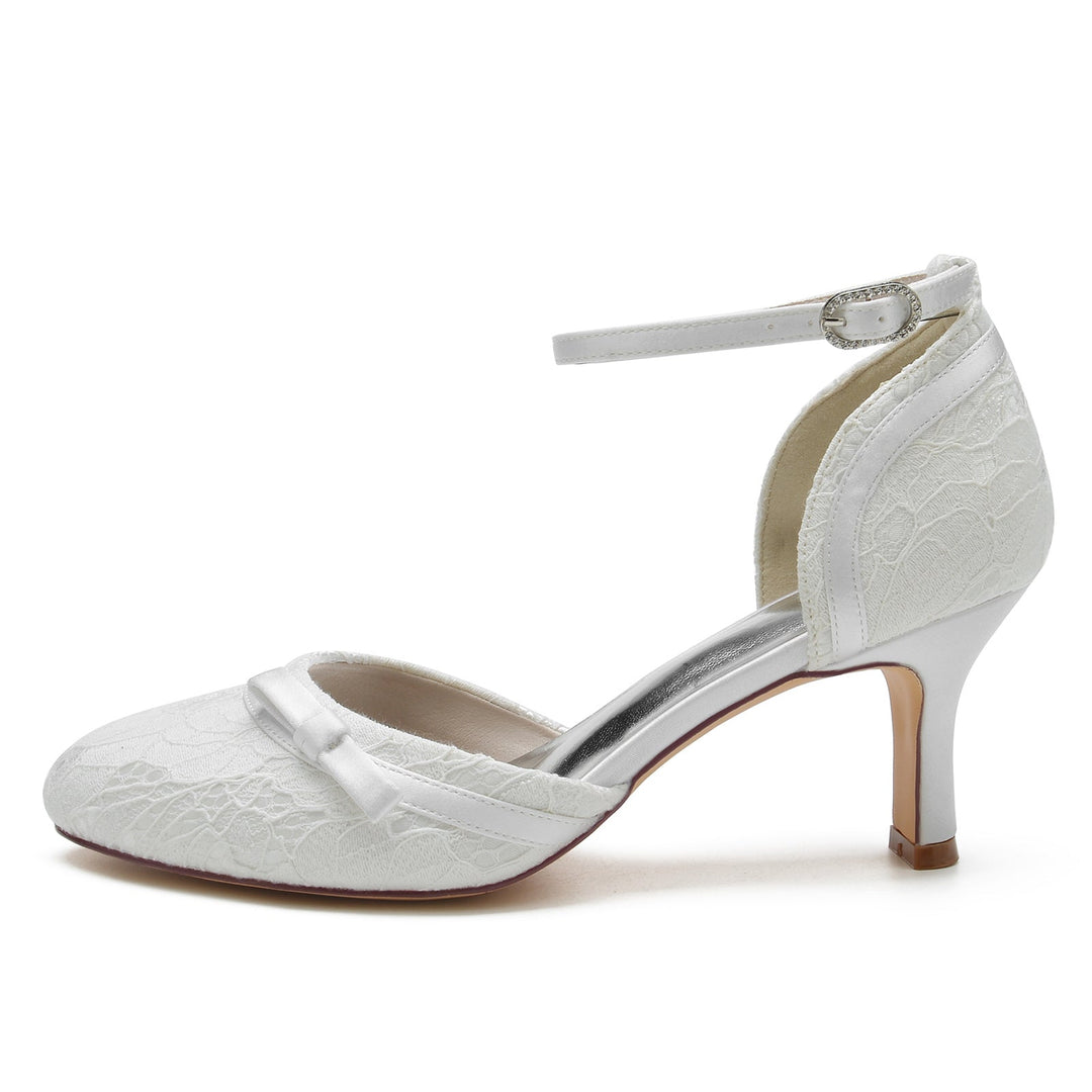 Chaussures de Mariage pour Femmes avec Appliques en Dentelle et Nœud, Talon Moyen, Bout Rond, Boucle, Chaussures de Mariée