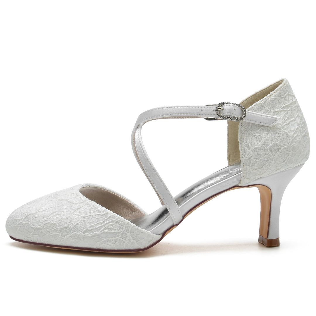 Chaussures de Mariage pour Femmes avec Appliques en Dentelle et Bout Rond et Boucle en Cristal