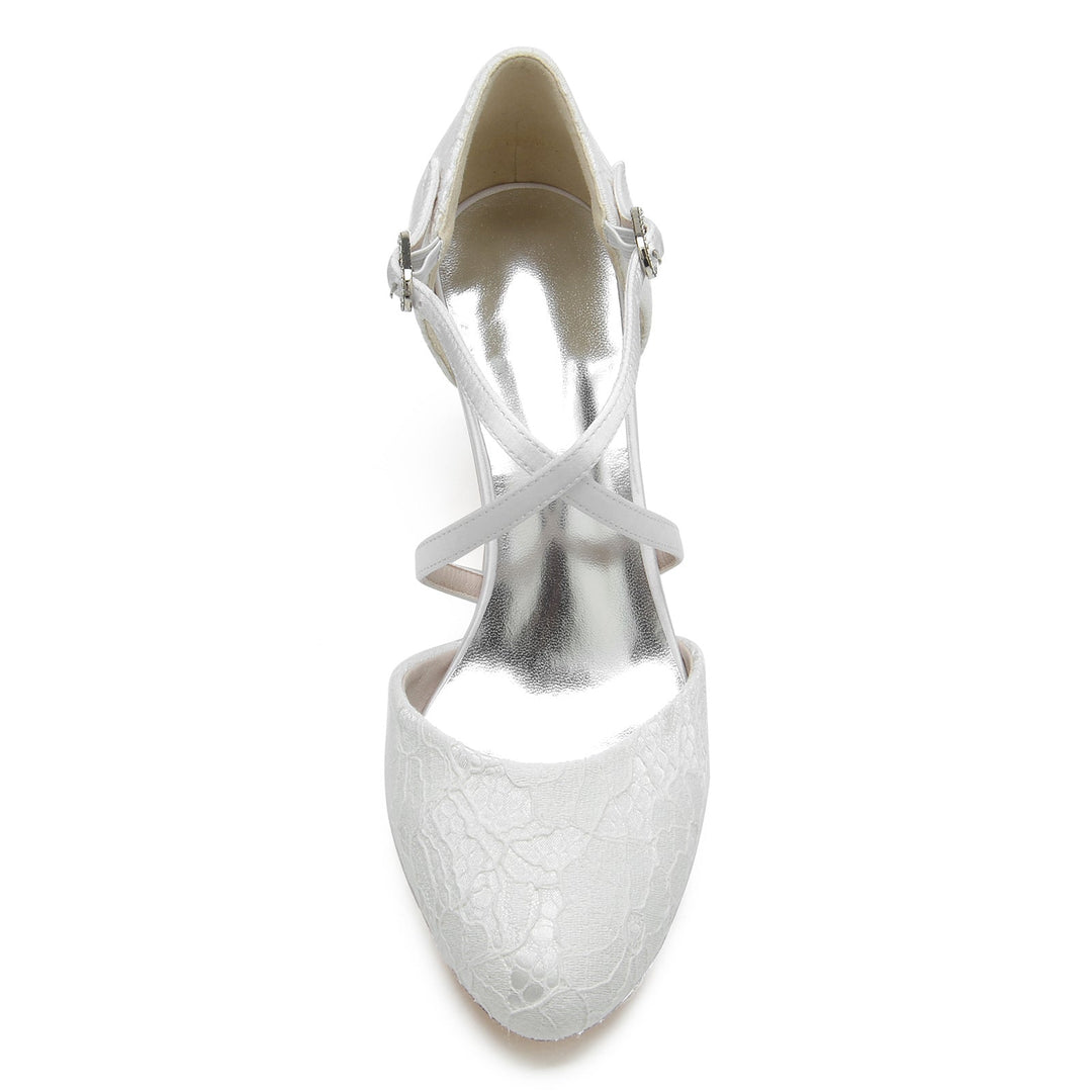 Chaussures de Mariage pour Femmes avec Appliques en Dentelle et Bout Rond et Boucle en Cristal