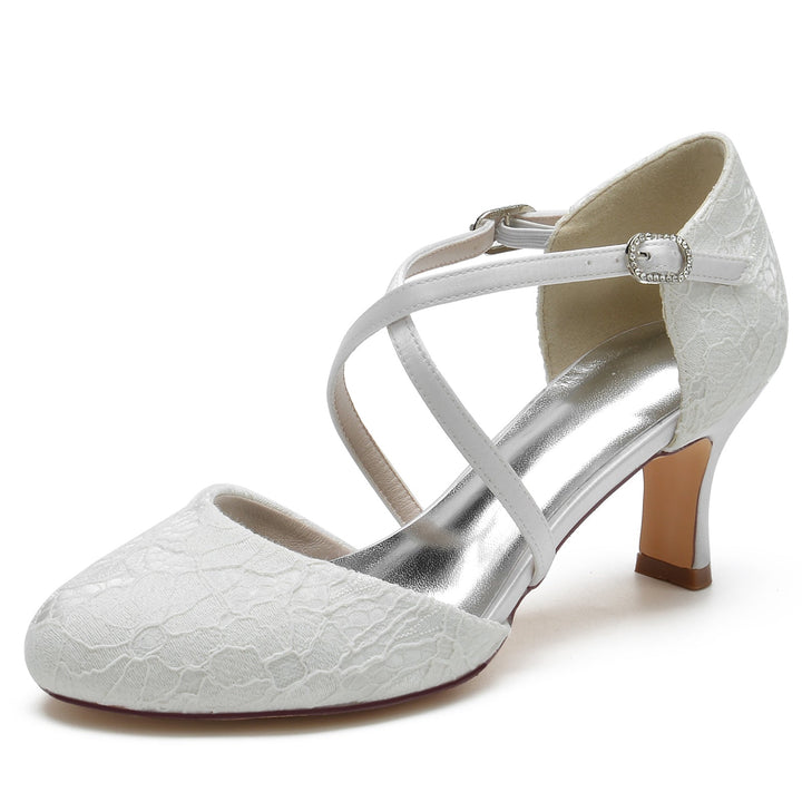 Chaussures de Mariage pour Femmes avec Appliques en Dentelle et Bout Rond et Boucle en Cristal