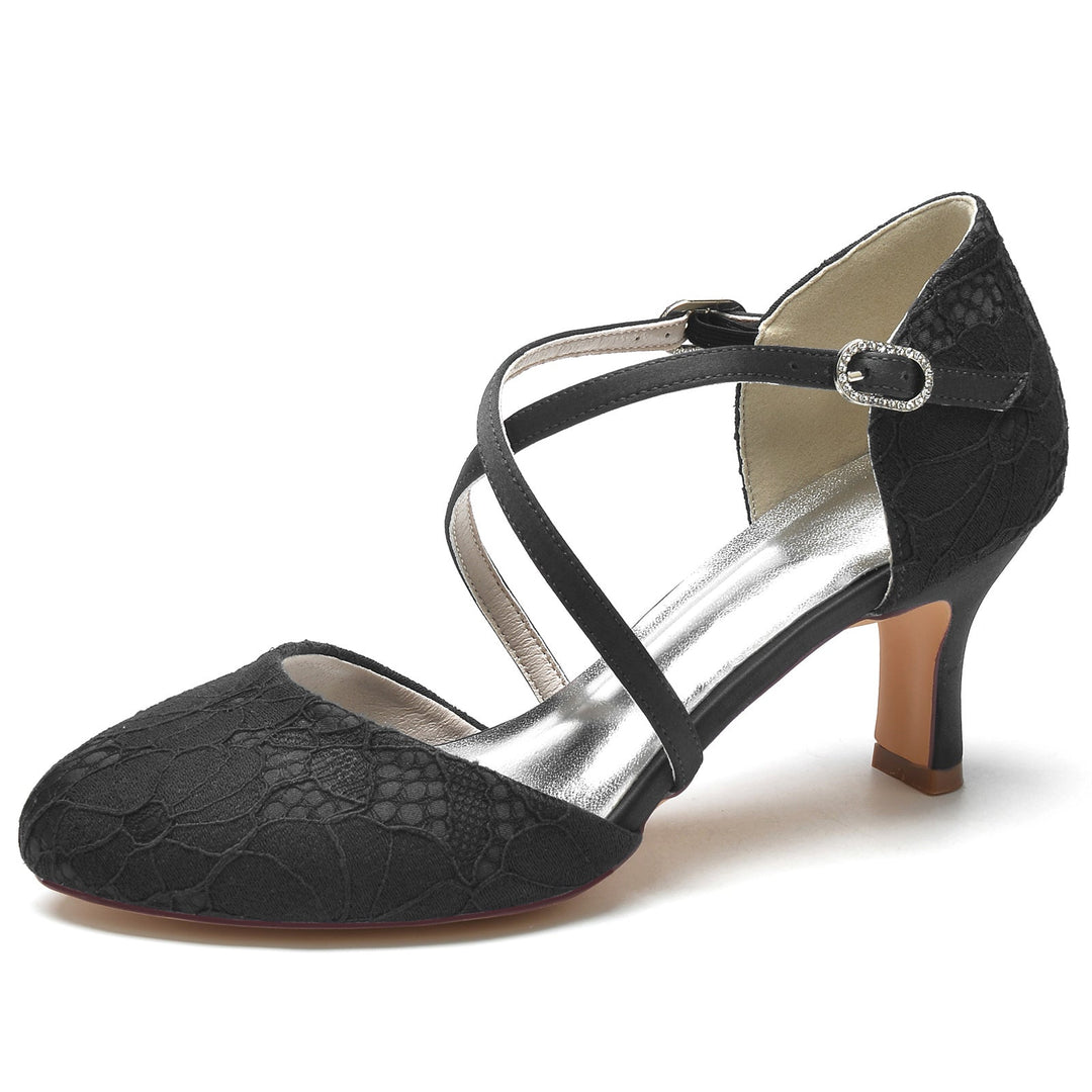 Chaussures de Mariage pour Femmes avec Appliques en Dentelle et Bout Rond et Boucle en Cristal