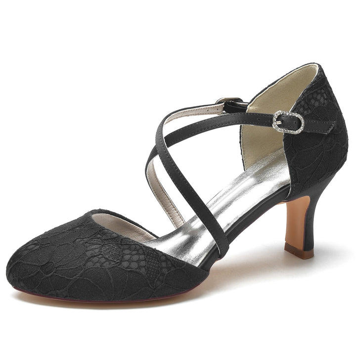 Chaussures de Mariage pour Femmes avec Appliques en Dentelle et Bout Rond et Boucle en Cristal