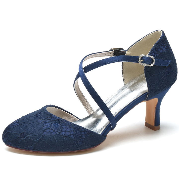Chaussures de Mariage pour Femmes avec Appliques en Dentelle et Bout Rond et Boucle en Cristal