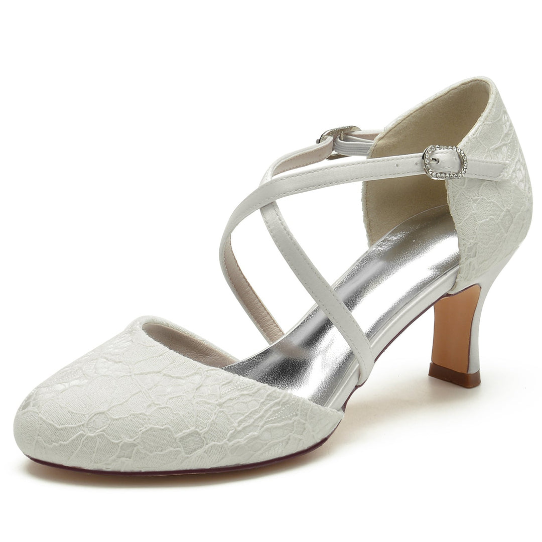 Chaussures de Mariage pour Femmes avec Appliques en Dentelle et Bout Rond et Boucle en Cristal