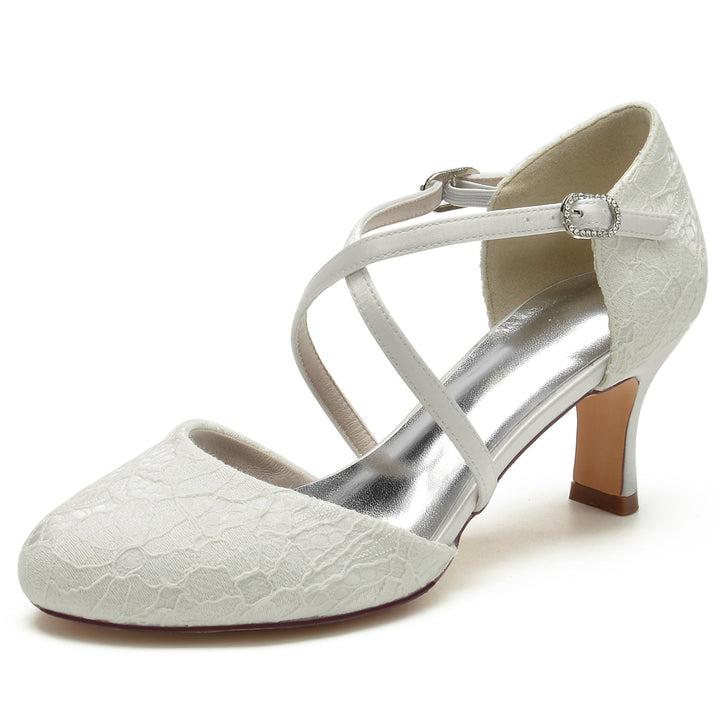 Chaussures de Mariage pour Femmes avec Appliques en Dentelle et Bout Rond et Boucle en Cristal