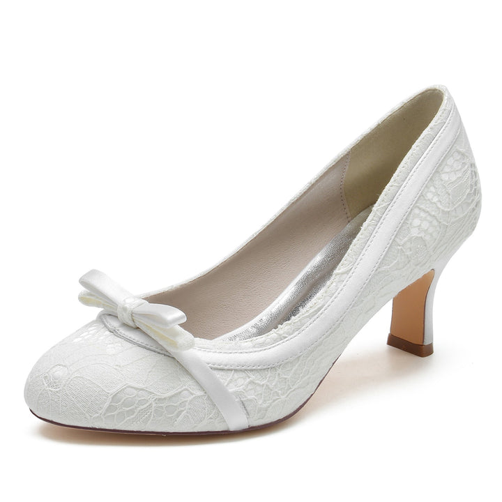 Chaussures de Mariage pour Femmes, Chaussures de Mariée à Bout Rond Fermé avec Nœud en Dentelle et Talon Moyen
