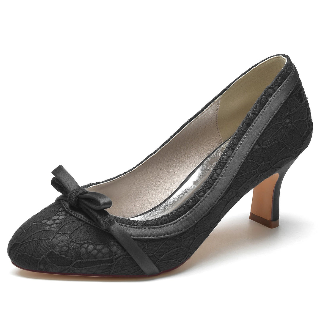 Chaussures de Mariage pour Femmes, Chaussures de Mariée à Bout Rond Fermé avec Nœud en Dentelle et Talon Moyen