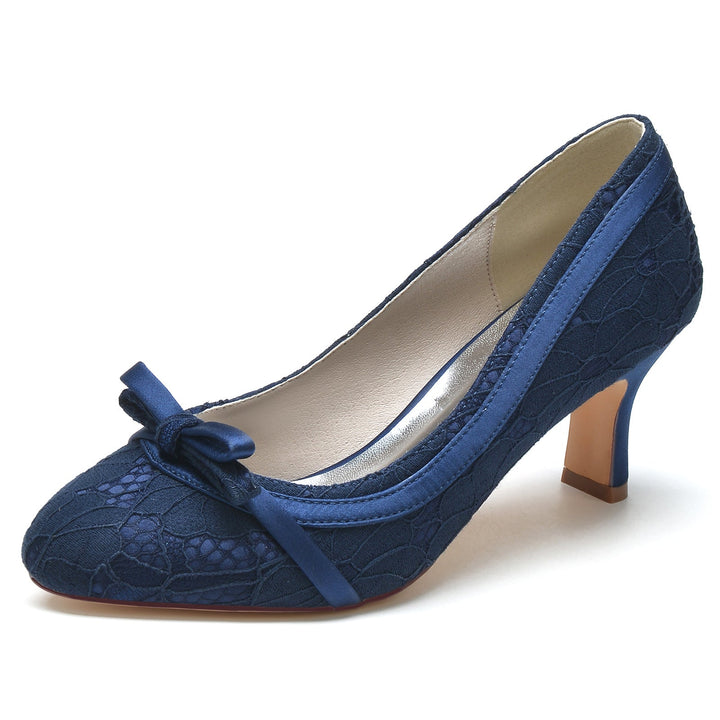 Chaussures de Mariage pour Femmes, Chaussures de Mariée à Bout Rond Fermé avec Nœud en Dentelle et Talon Moyen