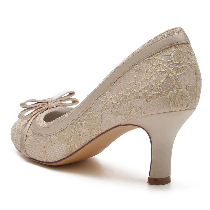 Chaussures de Mariage pour Femmes, Chaussures de Mariée à Bout Rond Fermé avec Nœud en Dentelle et Talon Moyen